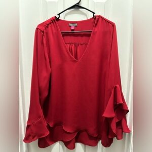 Vince Camuto Womens Long Ruffle Sleeve Blouse V Neck Dark Red
